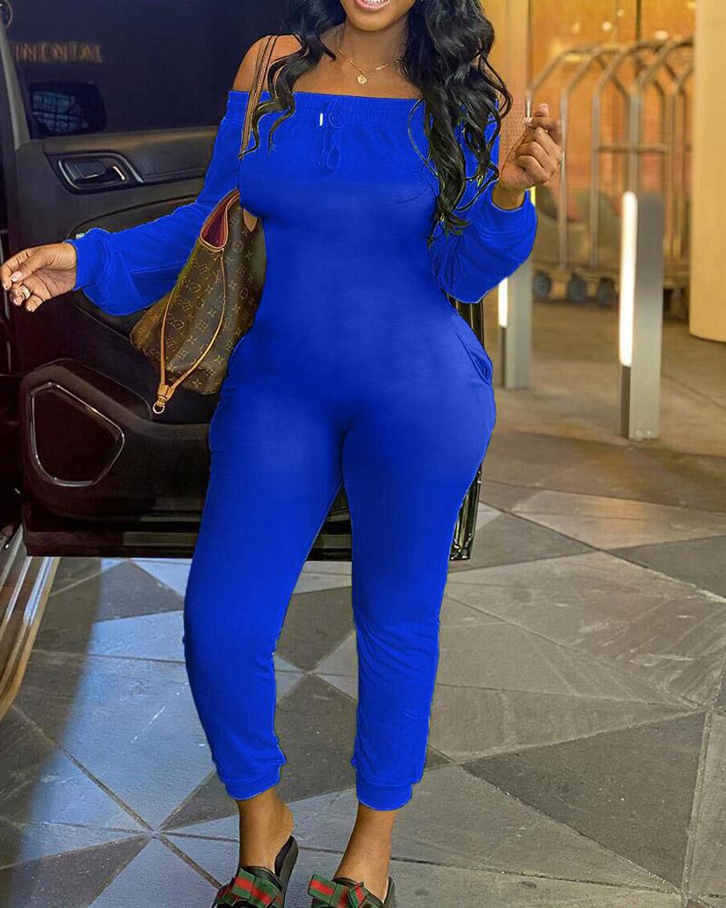 

Off Shoulder Tied Detail Skinny Jumpsuit, Blue