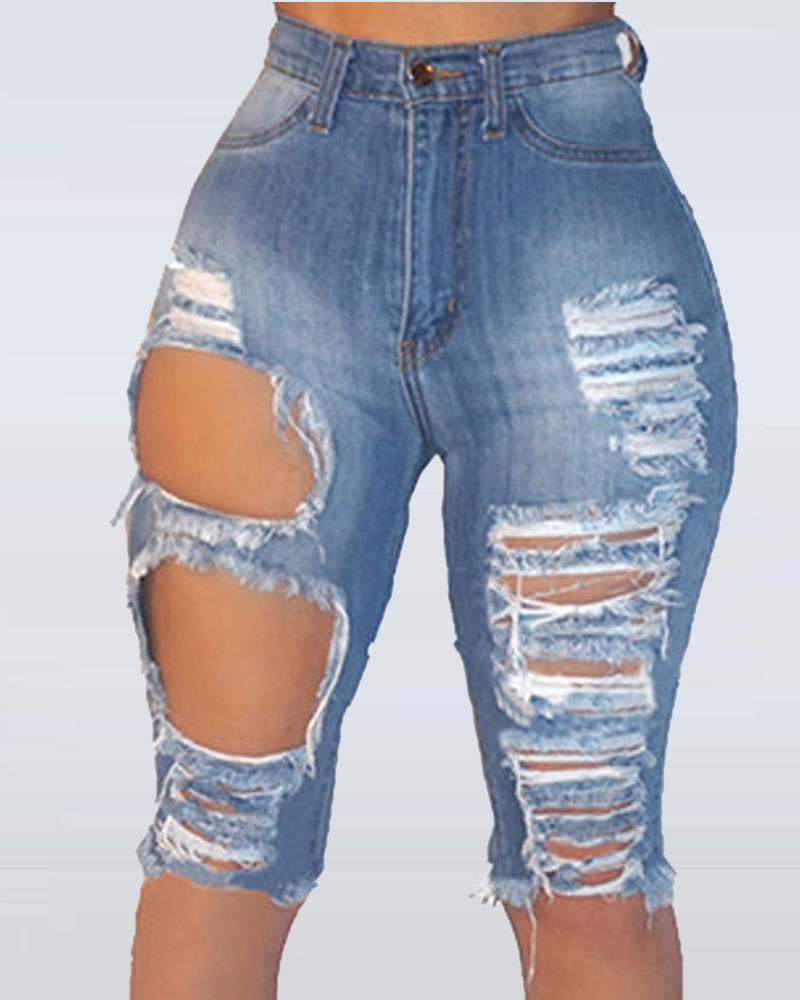 

High Waist Cutout Ripped Raw Hem Denim Shorts, Blue