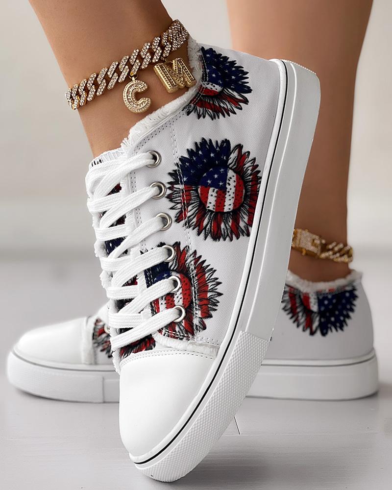 Independence Day Flag Sunflower Print Raw Hem Sneakers