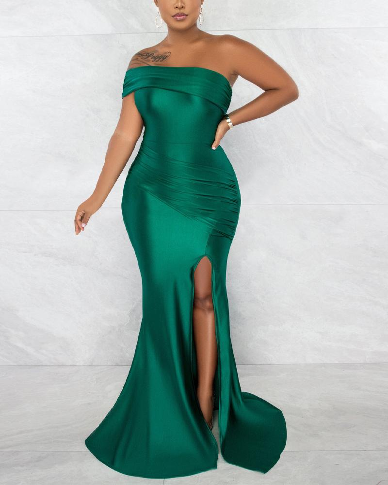 

Off Shoulder Split Thigh Ruched Mermaid Dress, Green