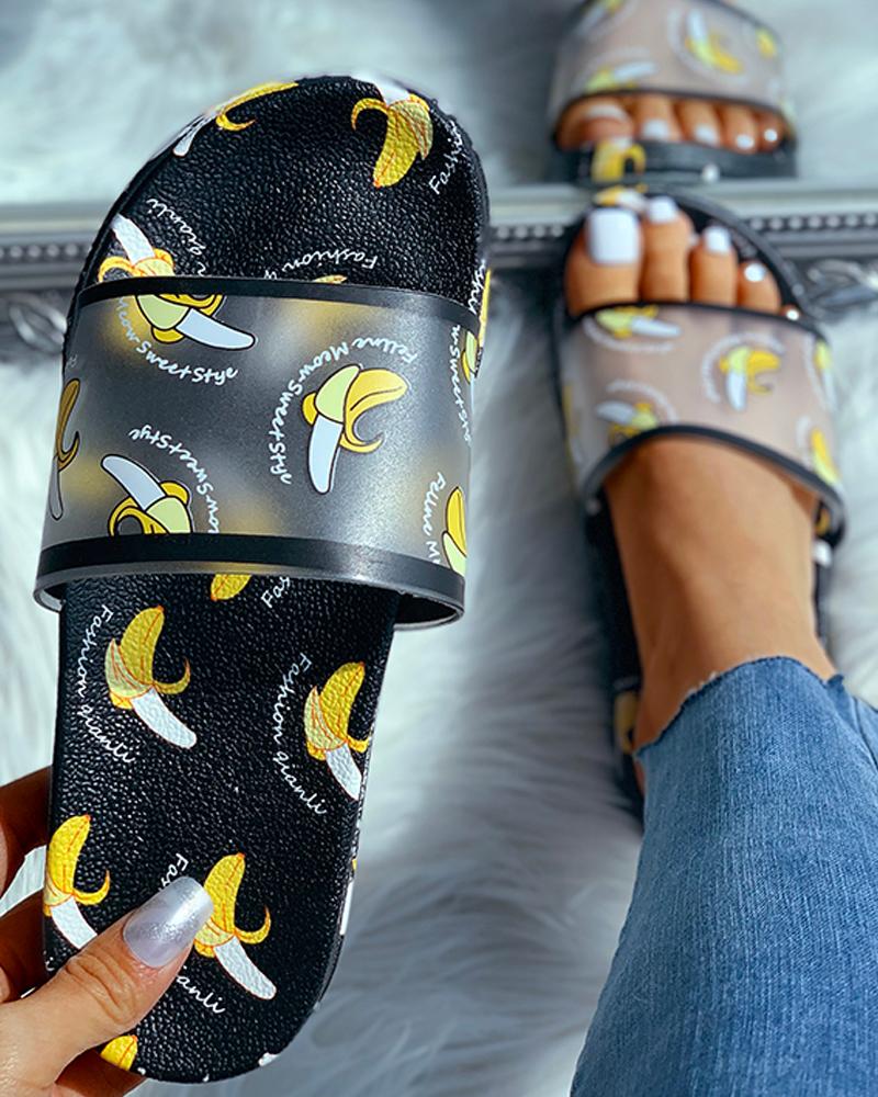 

Transparent Fruits Pattern Open Toe Flat Sandals, Black