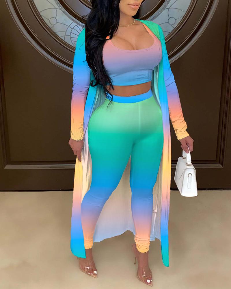 

Ombre Colorblock Tank Top & High Waist Pants Set With Long Sleeve Cardigan, Green