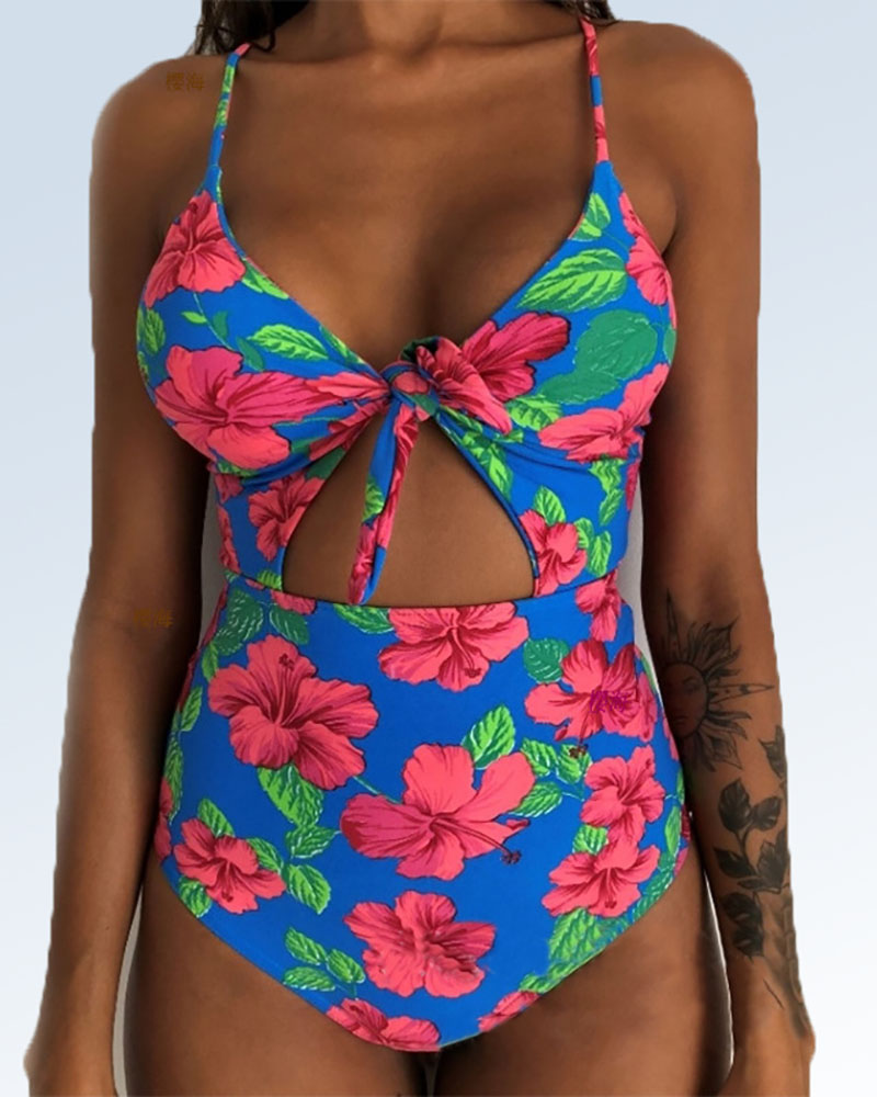 

Print Tied Lace-Up Back One Piece Swimsuit, Pink