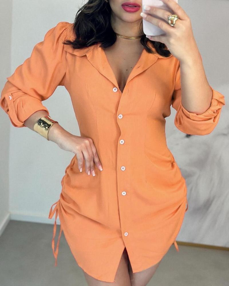 

Side Drawstring Shirred Shirt Dress, Orange