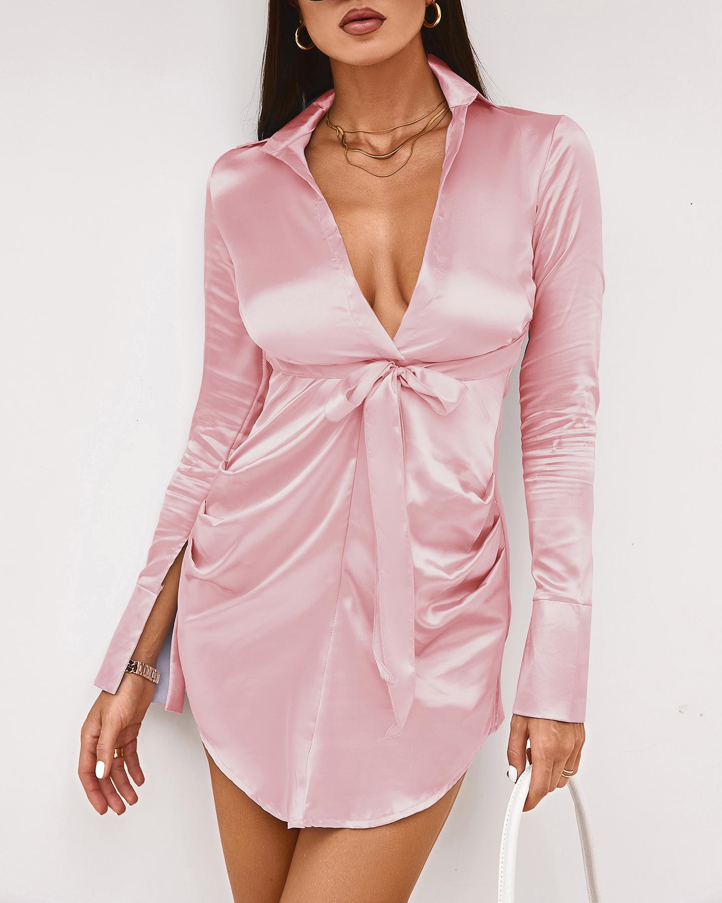 

Tie Front Plunge Long Sleeve Shirt Dress, Pink