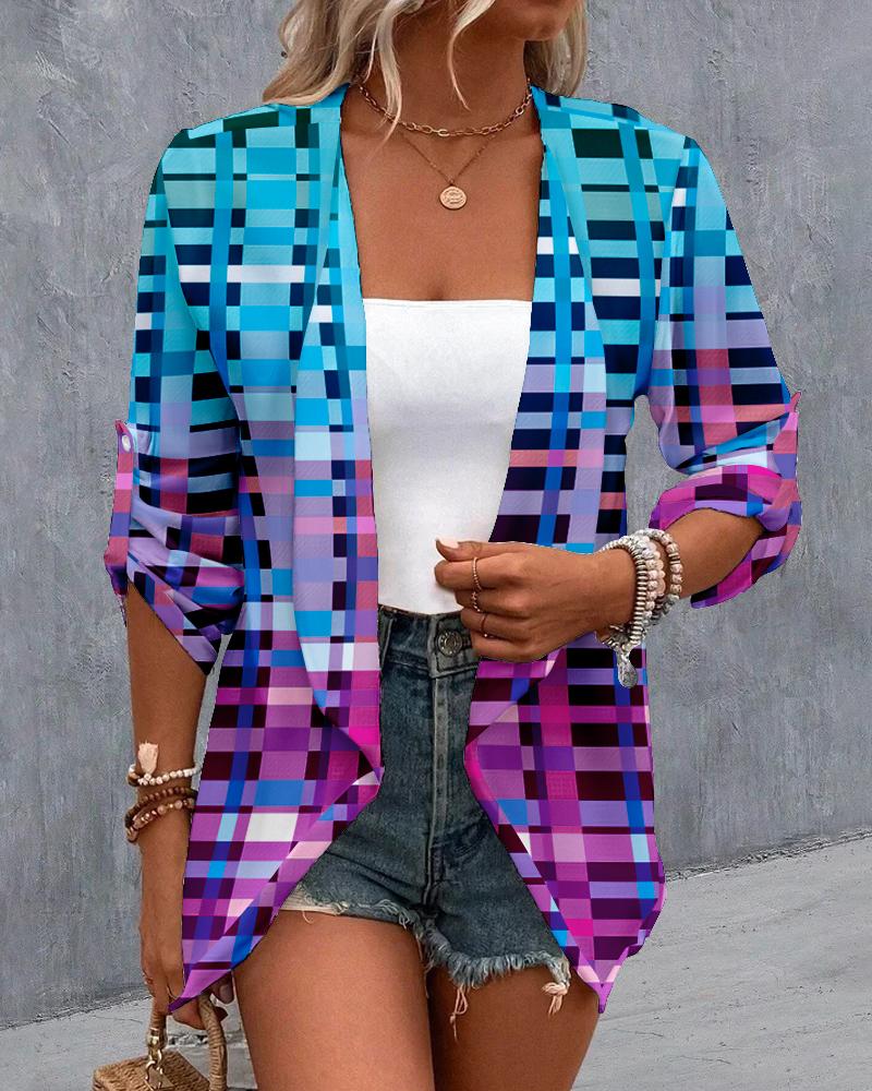 

Plaid Print Roll Up Sleeve Open Front Buttoned Coat, Blue