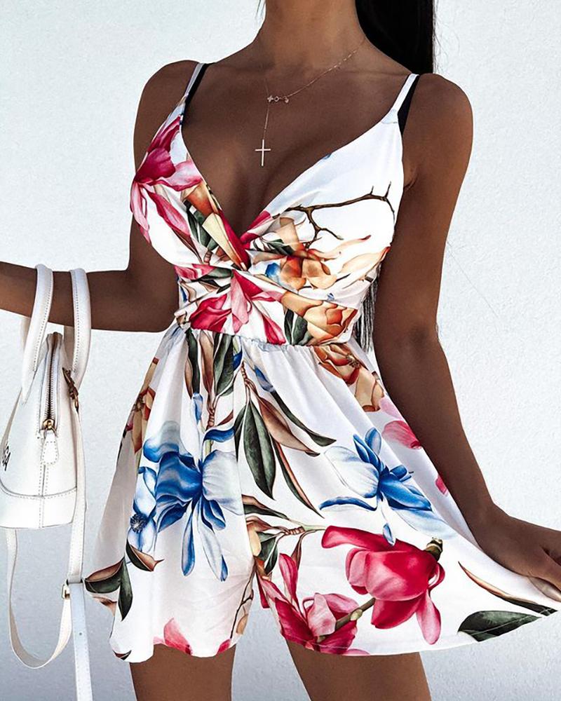 

Floral Print Spaghetti Strap Ruched Romper, White