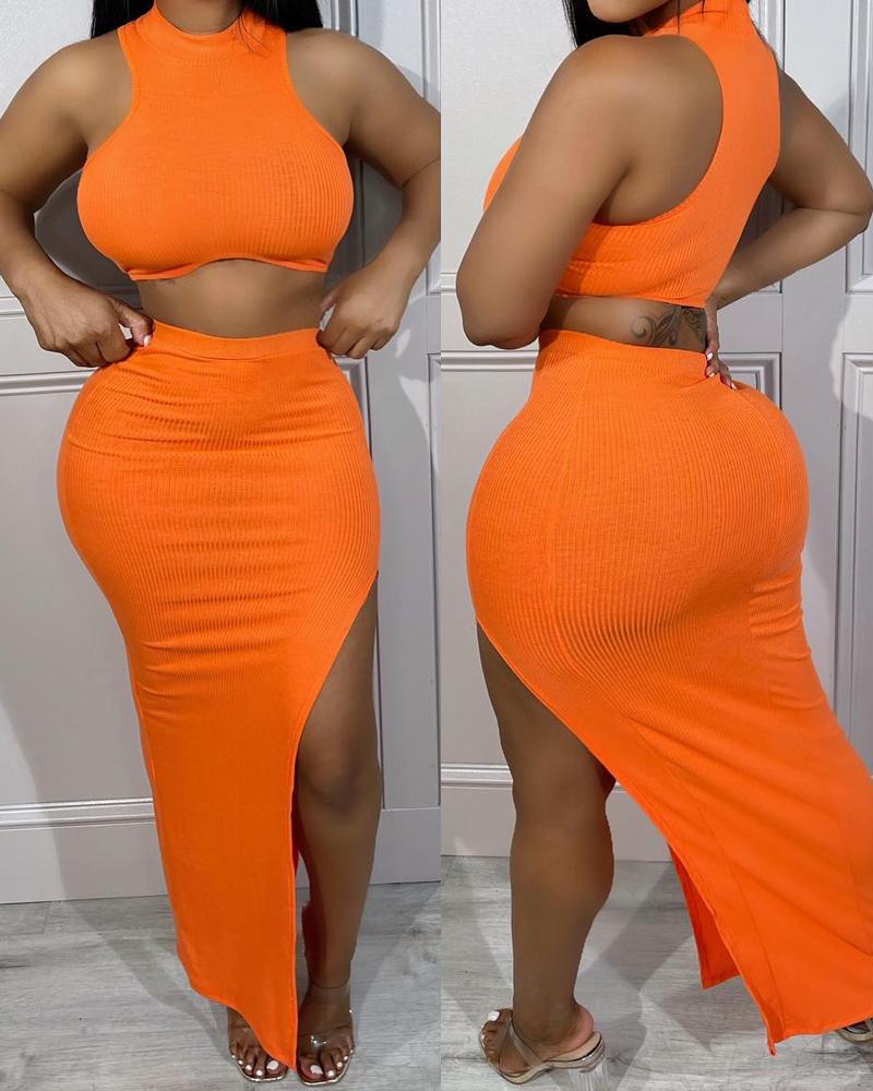 

Sleeveless Mock Neck Crop Top & High Waist Slit Skirt Set, Orange