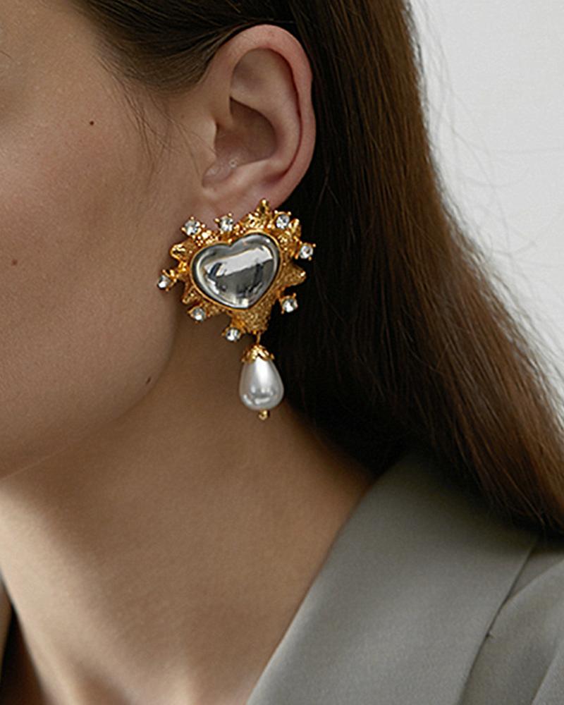 

1Pair Rhinestone Pearls Decor Heart Drop Earrings, Gold