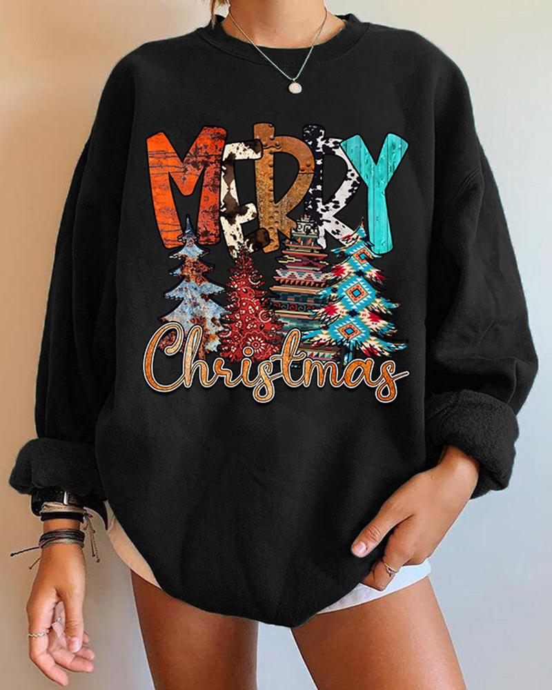 

Christmas Tree Letter Print Long Sleeve Sweatshirt, Black