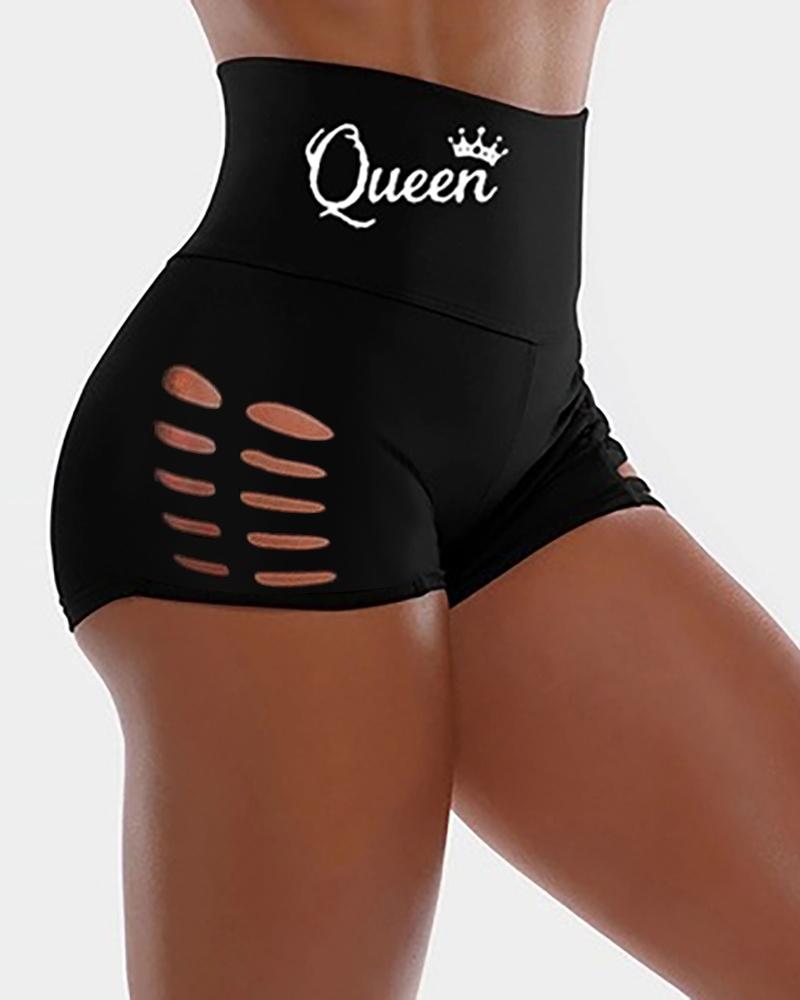 

Letter Print Hollow Out High Waist Active Shorts, Black