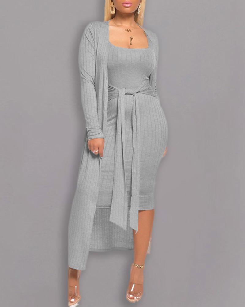 

Tie Front Midi Dress & Long Sleeve Longline Coat Set, Gray