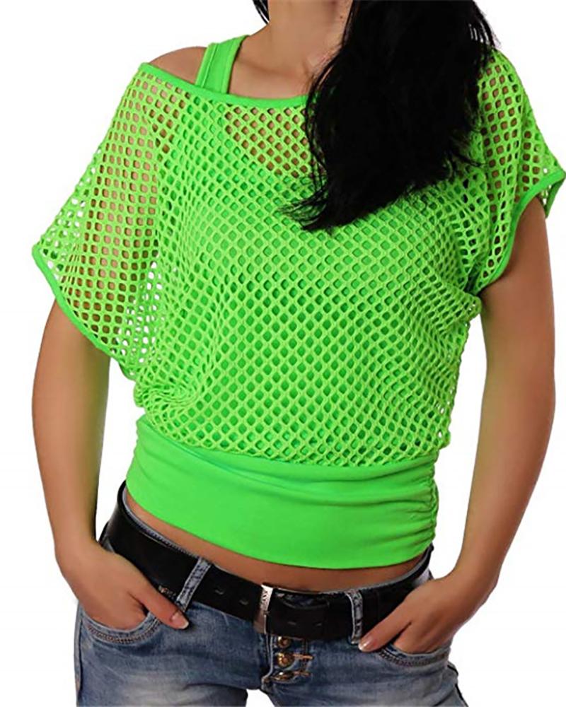 

Fishnet Batwing Sleeve Fake Two-piece T-shirt, Green