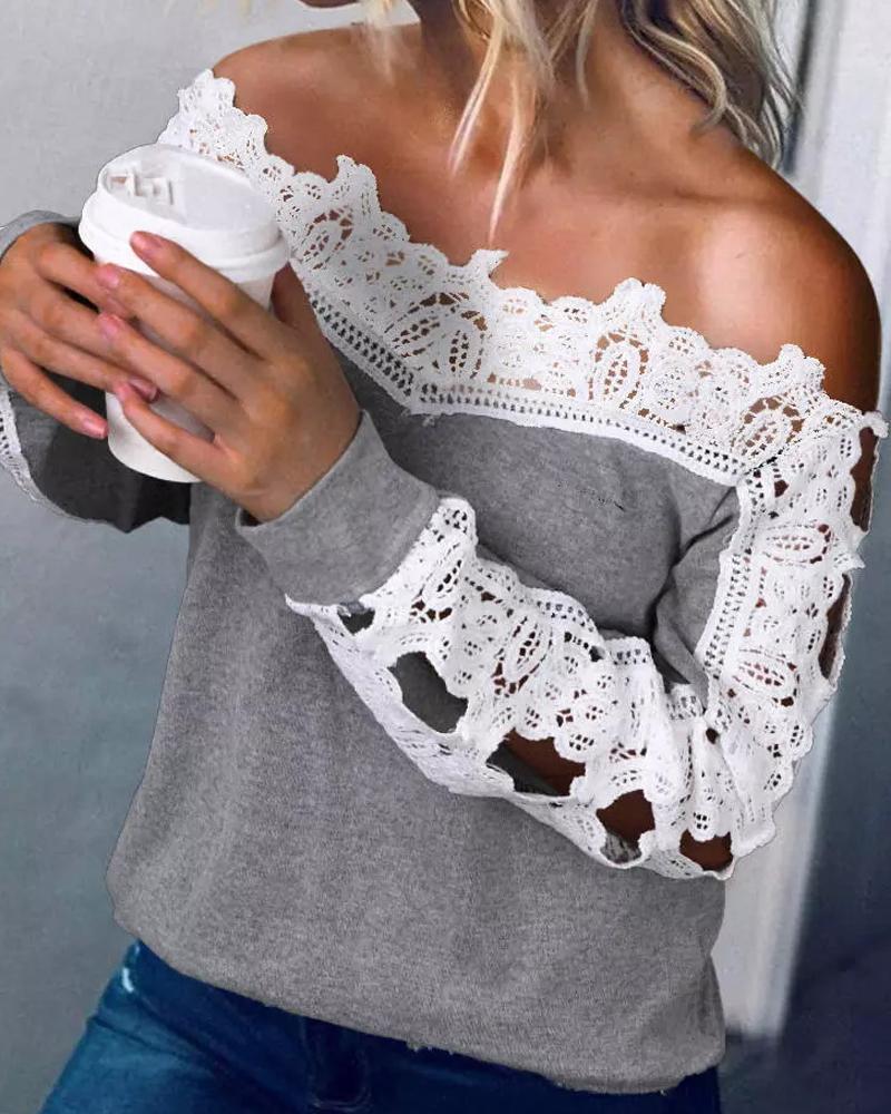 

Contrast Lace Off Shoulder Top, Gray