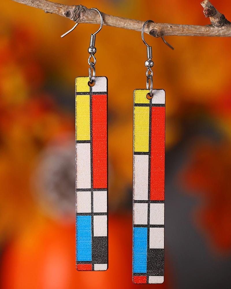 

1Pair Geometric Print Wooden Drop Earrings, Multicolor