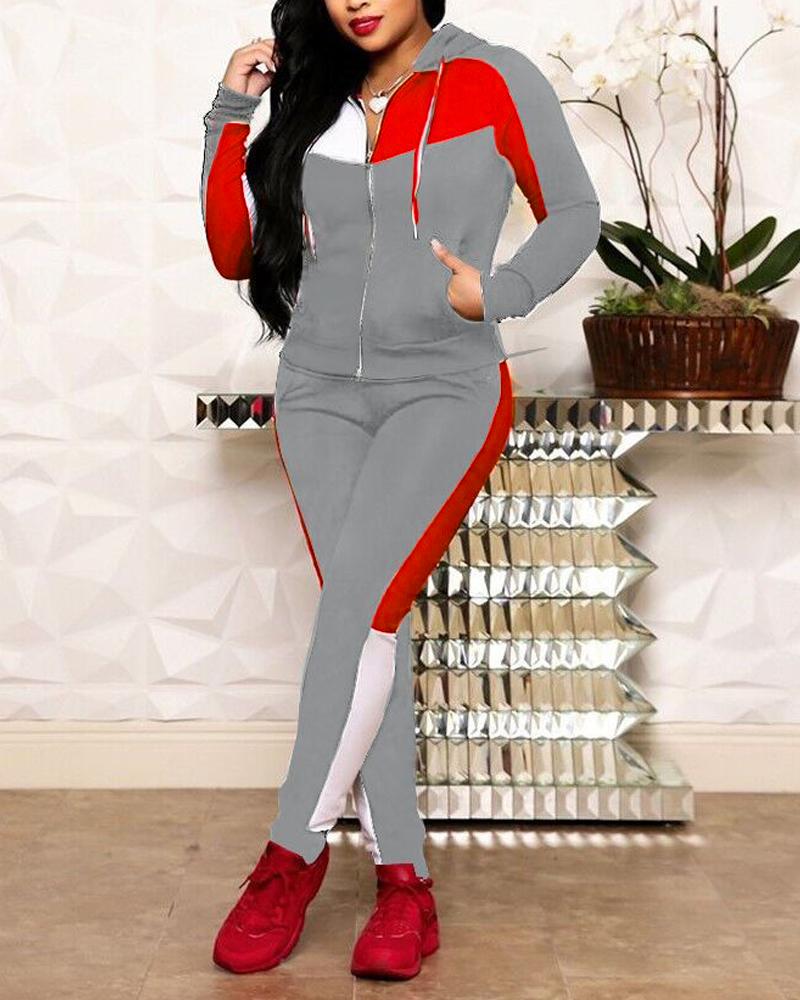 

Zipper Pocket Design Hooded Colorblock Top & Pants Set, Gray