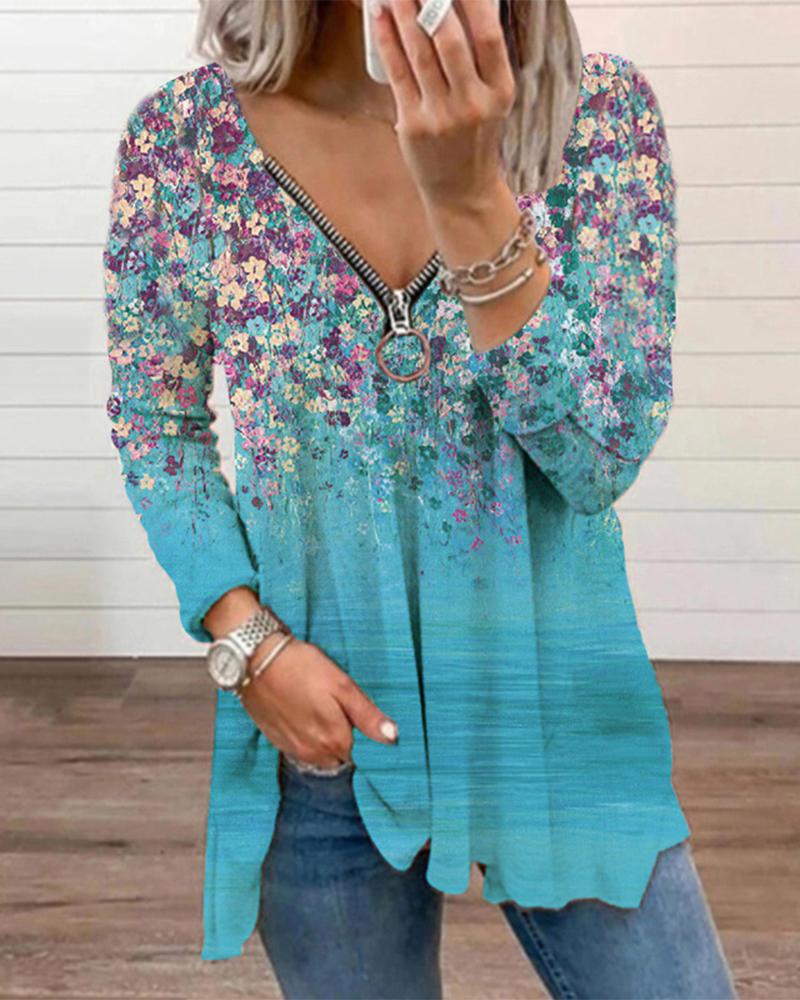 

Ditsy Floral Print Zipper Front Long Sleeve Top, Lighted blue