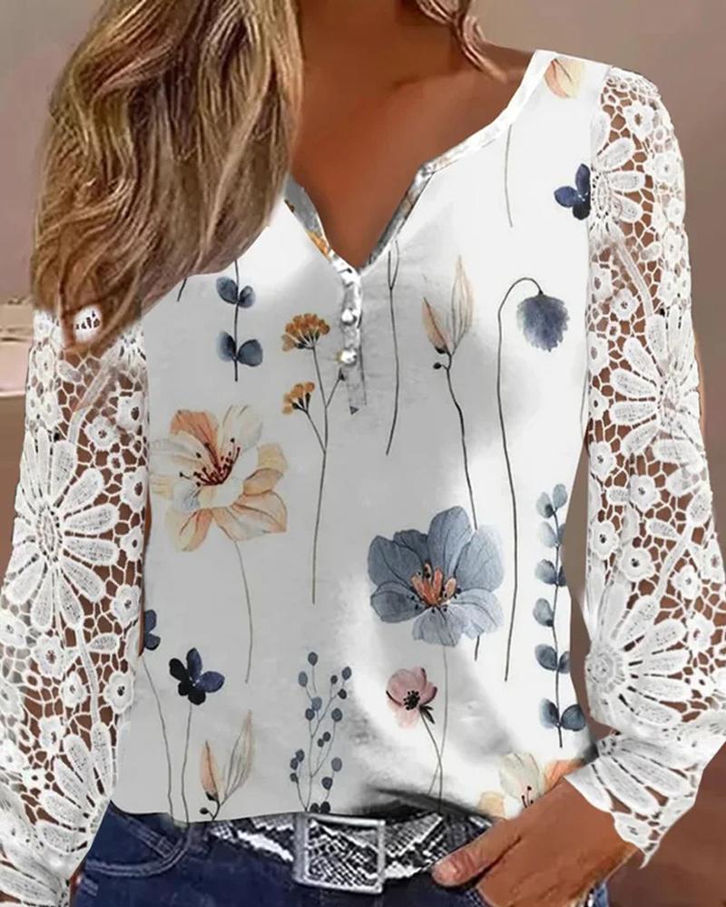 

Floral Print Notch Neck Lace Patch Blouse, White