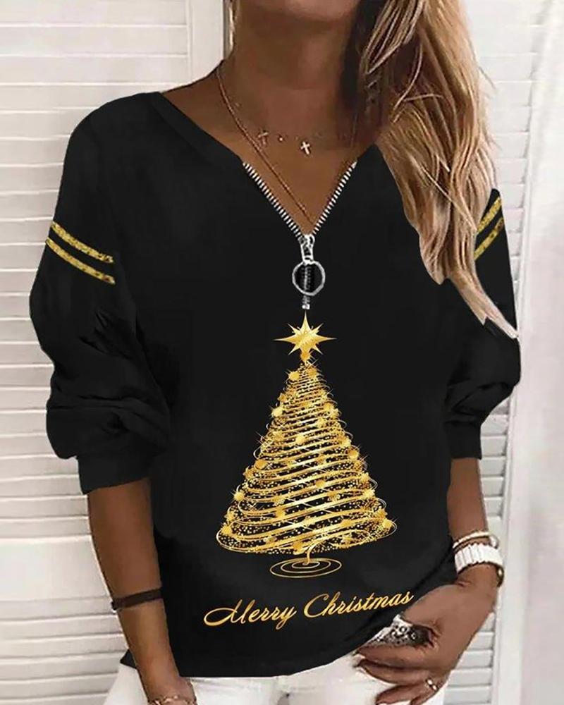 

Christmas Tree Print Zip Detail Long Sleeve Top, Black