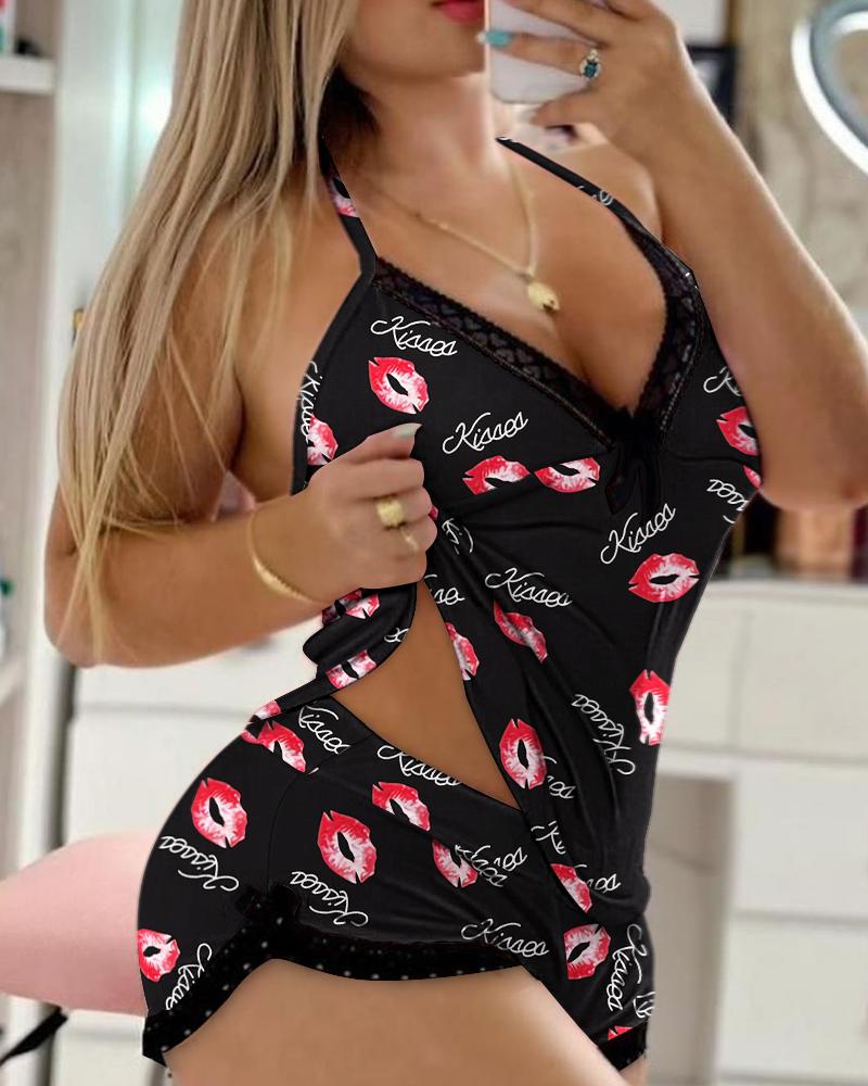 

Lip Letter Print Bowknot Decor Lace Trim Cami Set, Black