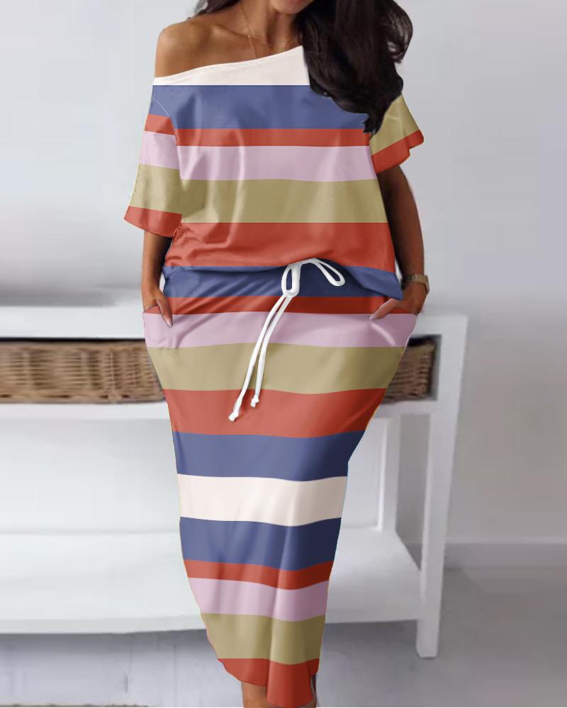 

Plus Size Striped Colorblock Cold Shoulder Top & Drawstring Skirt Set, Multicolor