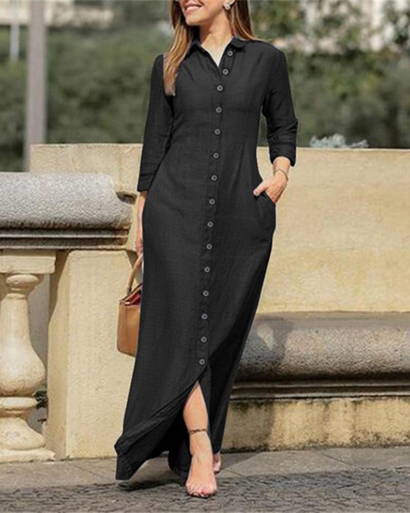 

Long Sleeve Button Down Denim Dress, Black