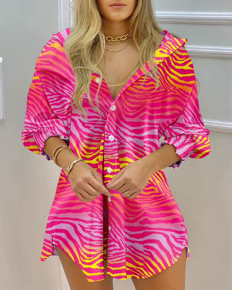 

Zebra Stripe Print Button Down Shirt Dress, Hot pink
