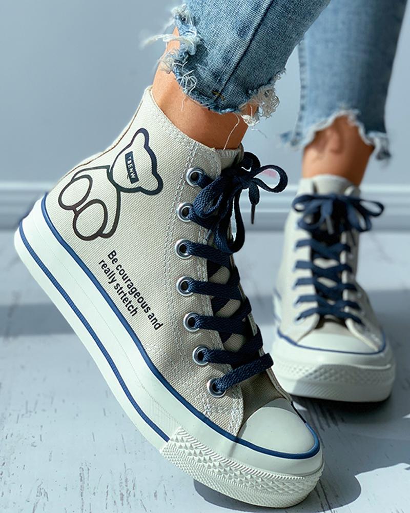 

Bear Letter Print Reflective Eyelet Lace-up Canvas Shoes, Beige