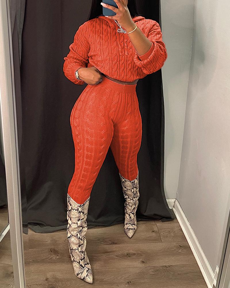 

Long Sleeve Cable Knit Hooded Sweater & Pants Set, Orange
