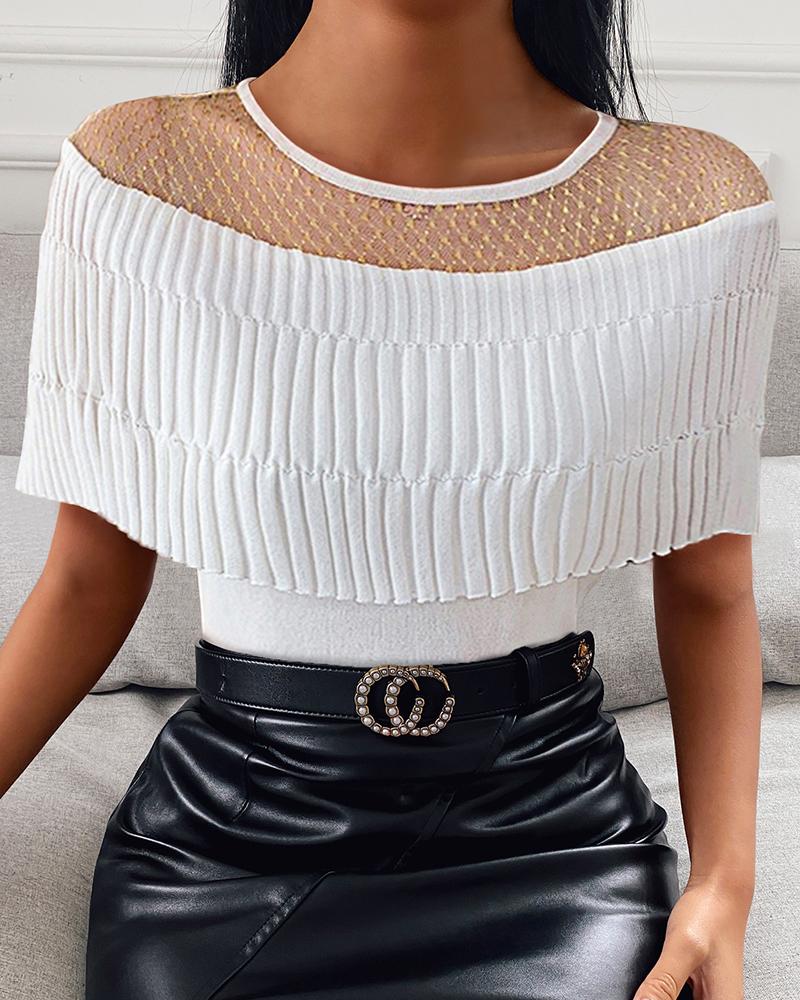 

Cold Shoulder Ice fabric Patchwork Rib-knit Short Sleeve T-shirt, White