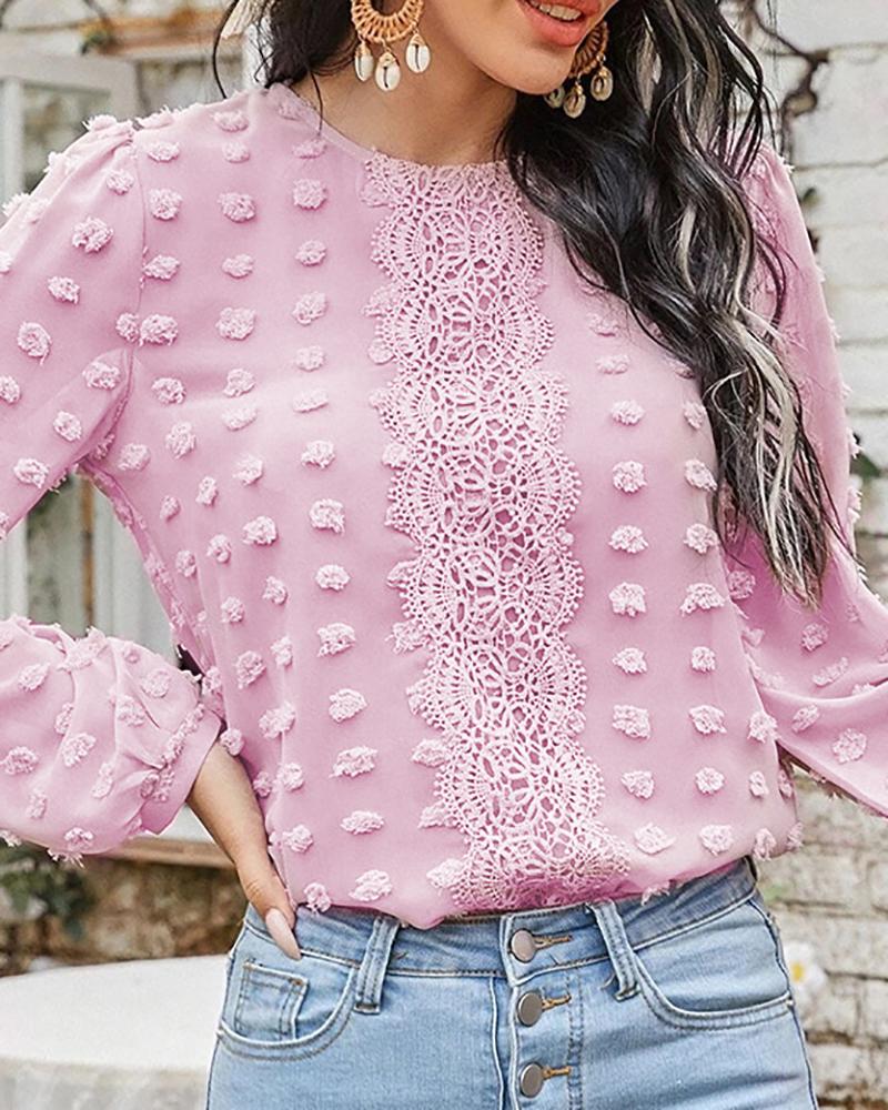 

Swiss Dot Lace Patch Long Sleeve Top, Pink