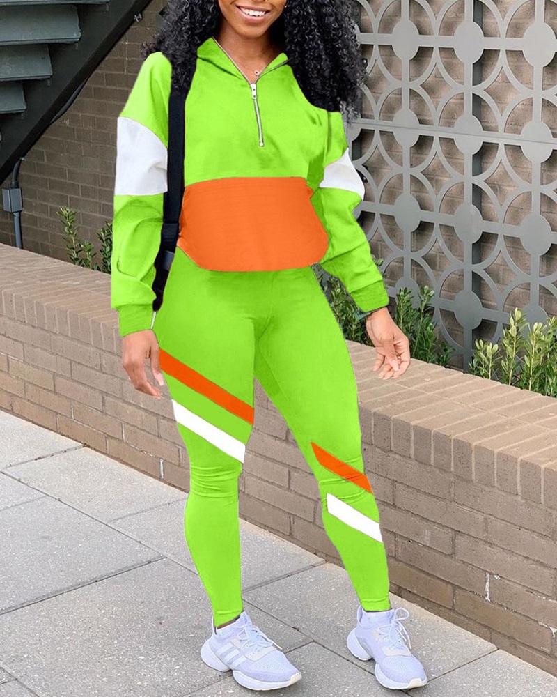 

Colorblock Zipper Detail Casual Top & Pants Set, Green