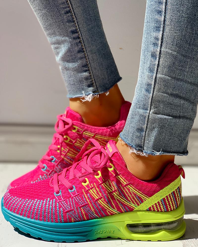 

Colorblock Knitted Breathable Lace-Up Sneakers, Hot pink