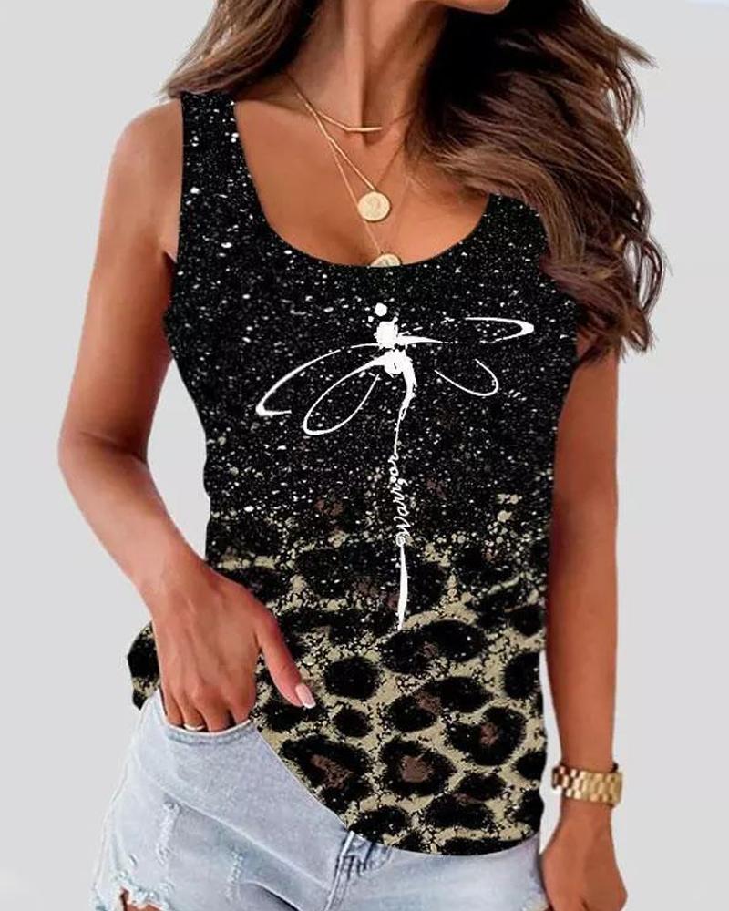 

Contrast Leopard Dragonfly Print Tank Top, Black