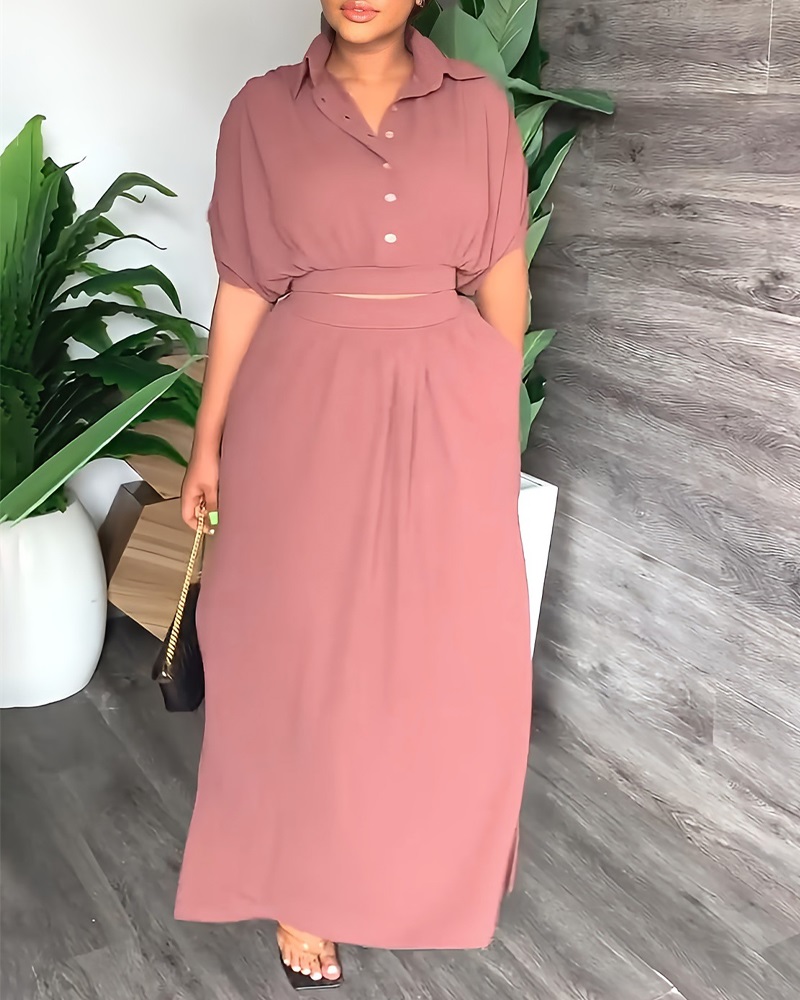 

Button Front Puff Sleeve Top & Slit Maxi Skirt Set, Pink