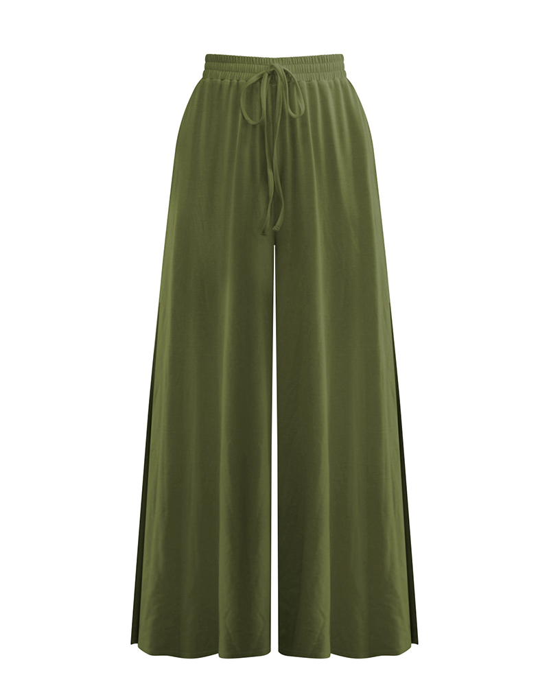 

High Waist Tied Detail Slit Wide Leg Pants, Army green