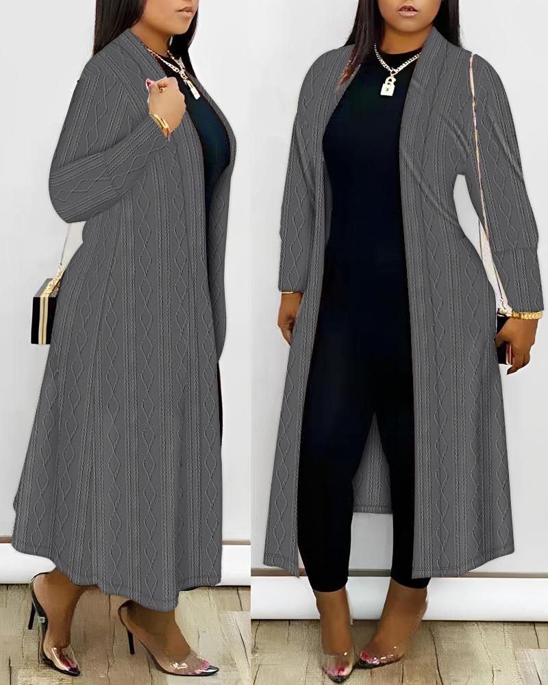 

Plus Size Open Front Cable Textured Longline Coat, Gray