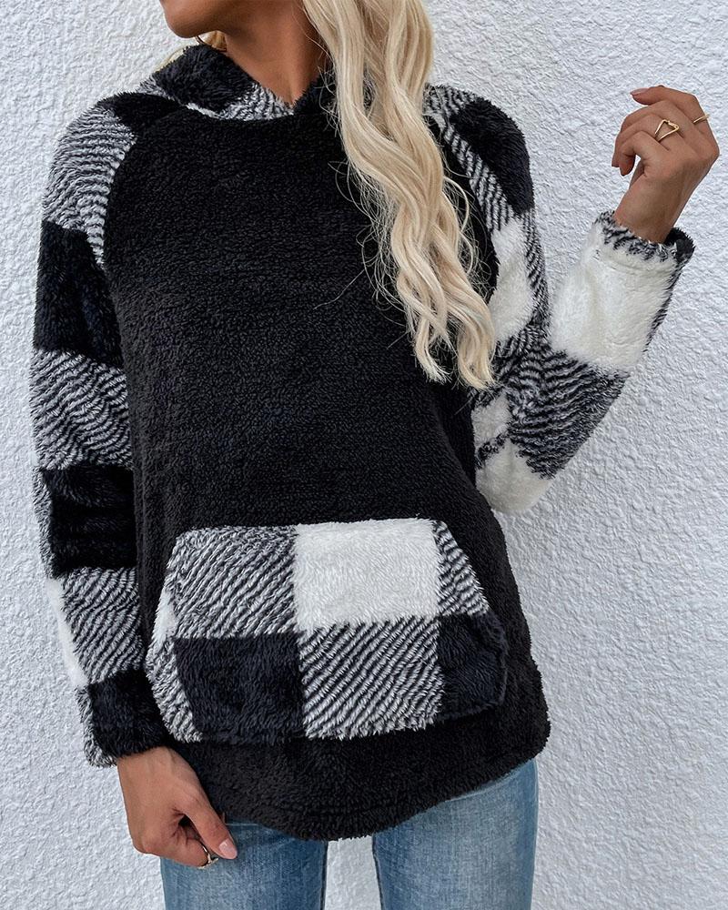 

Gingham Pocket Detail Fuzzy Hoodie, Black