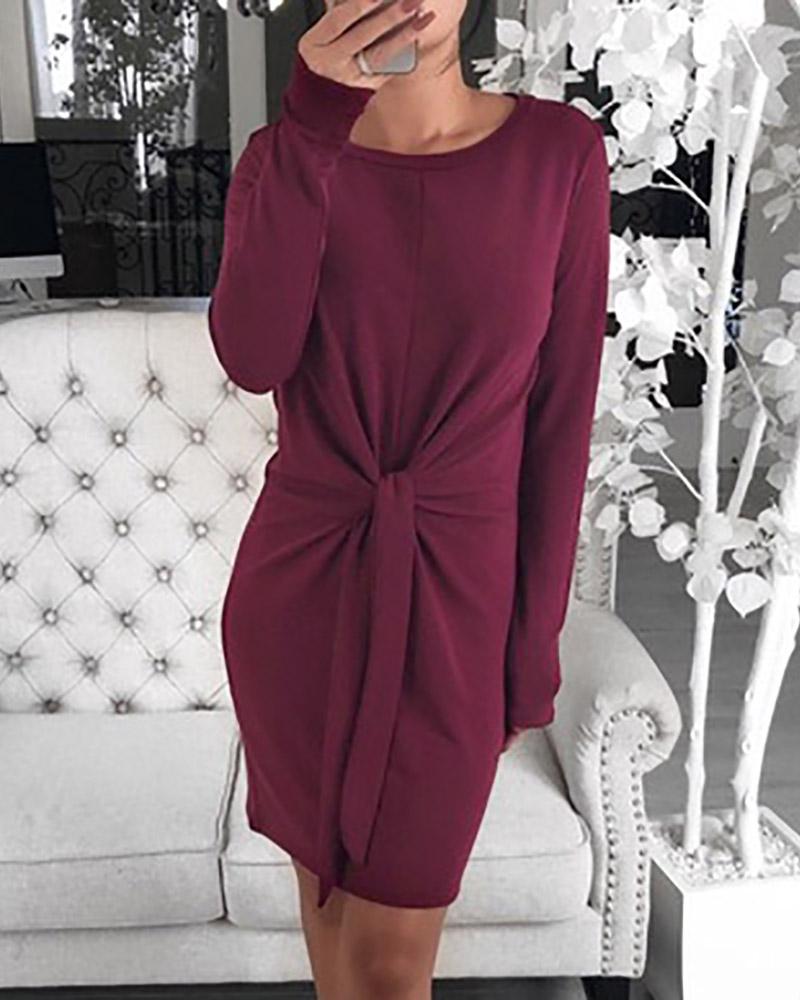 

Solid Long Sleeve Twisted Design Bodycon Dress, Wine red