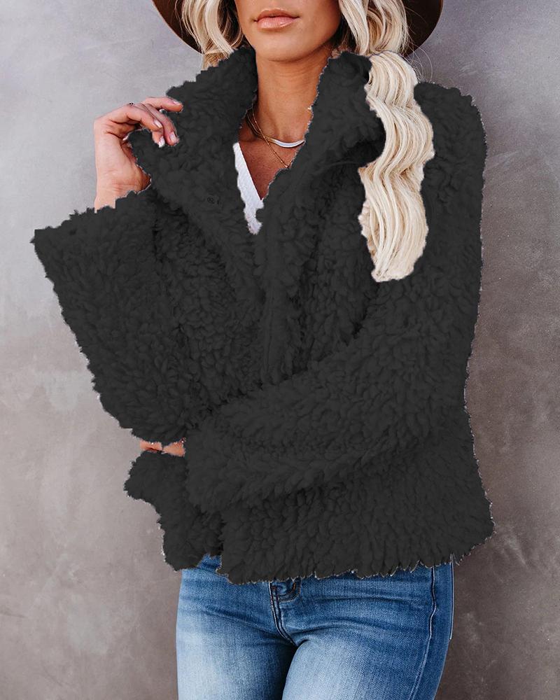 

Long Sleeve Open Front Casual Teddy Coat, Black