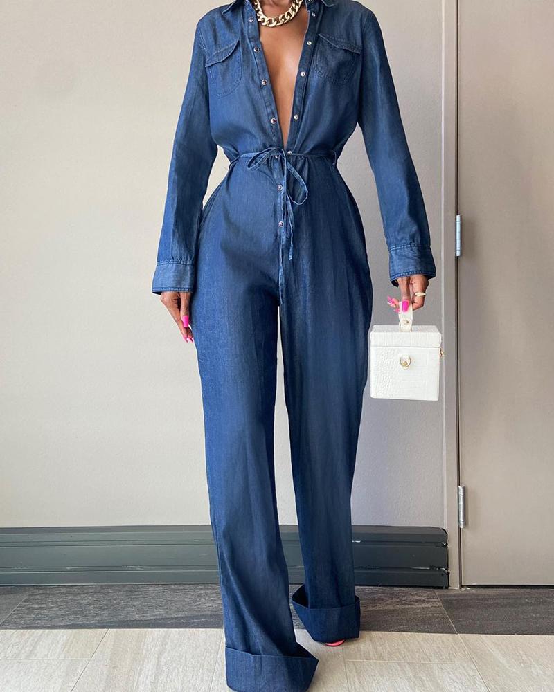 

Long Sleeve Button Pocket Design Jumpsuit, Blue