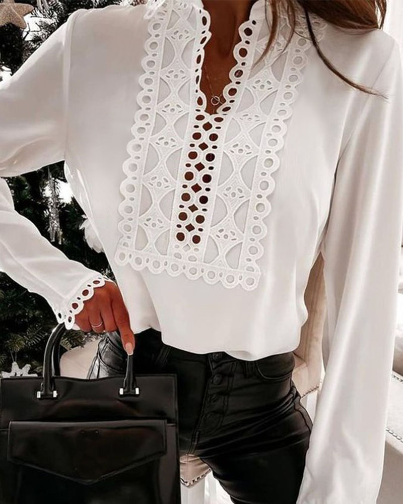 

Contrast Lace Long Sleeve Top, White