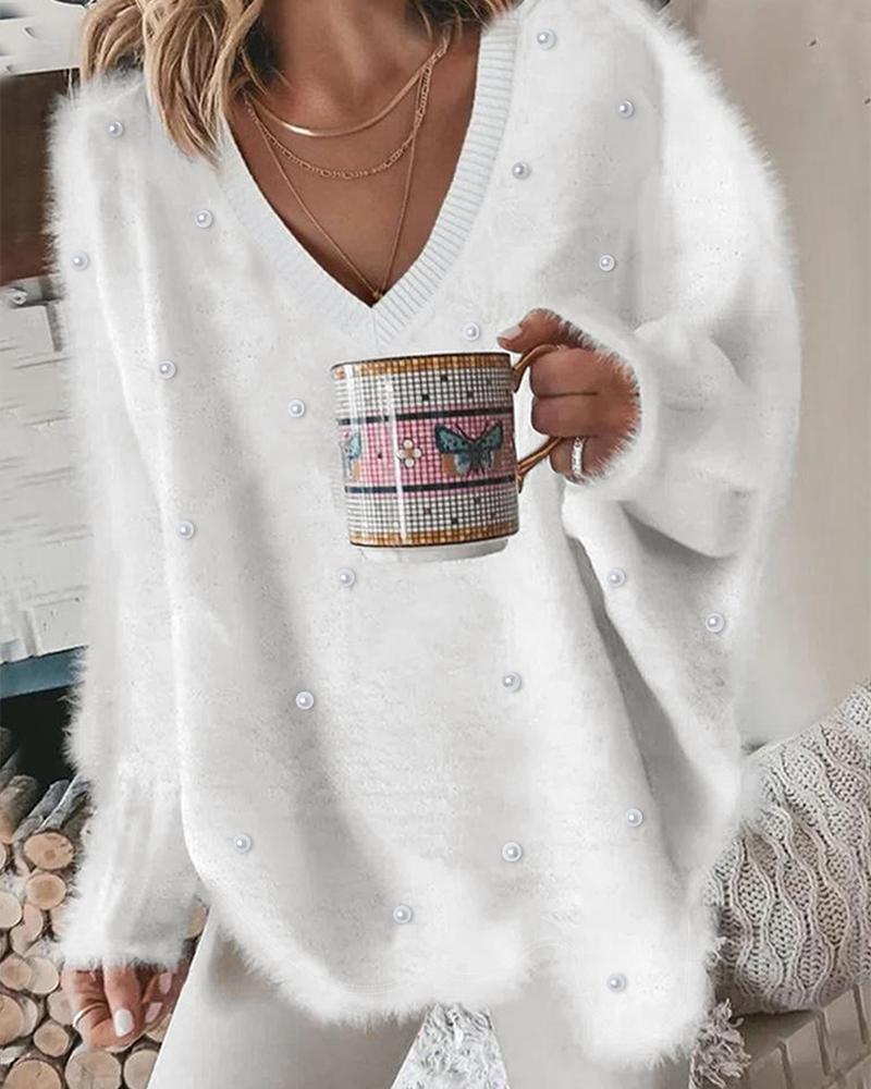 

Beaded Decor Long Sleeve Fluffy Top, White