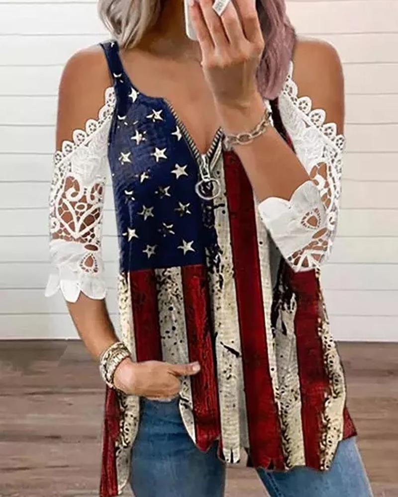 

Independence Day Cold Shoulder Zipper Design Flag Print T-shirt, White