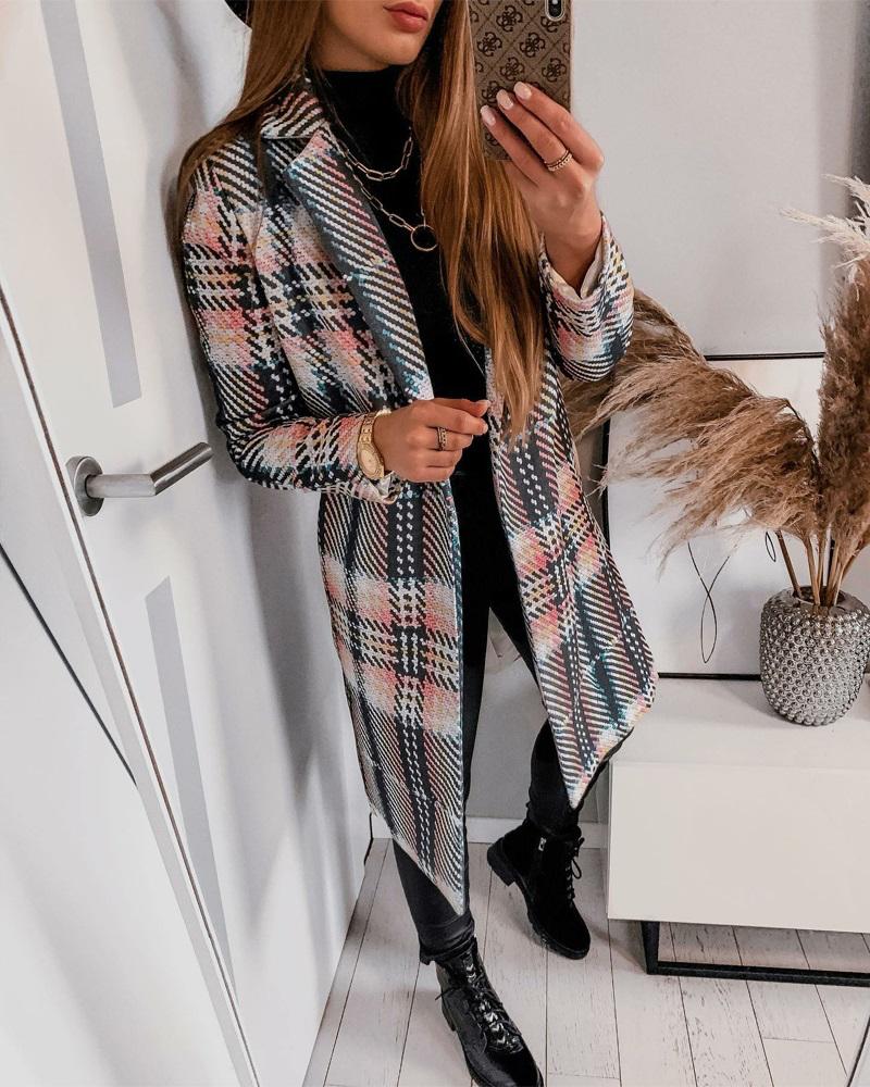 

Plaid Print Long Sleeve Overcoat, Black