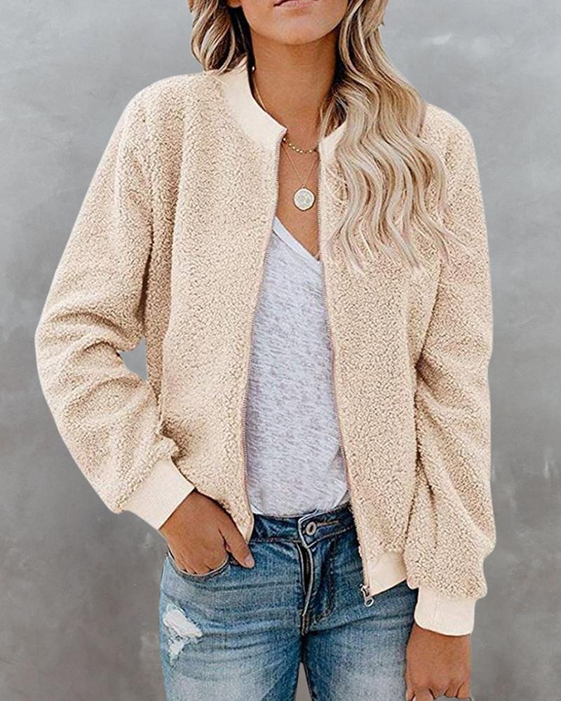 

Zip Front Long Sleeve Teddy Jacket, Apricot