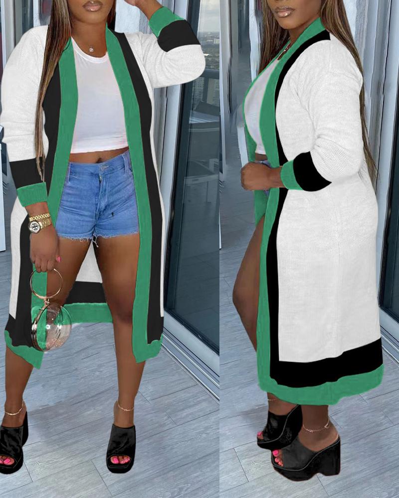 

Plus Size Contrast Paneled Open Front Longline Cardigan, Green