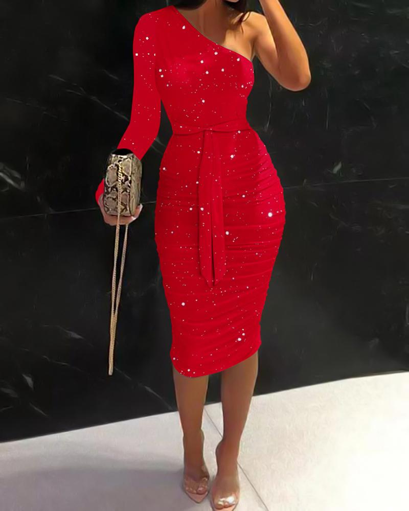 

One Shoulder Glitter Tied Detail Bodycon Dress, Red