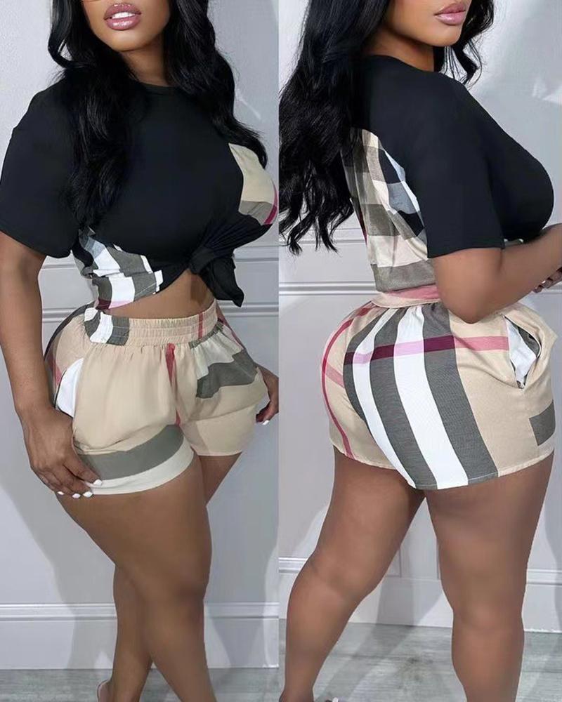 

Plaid Print Patchwork Top & Shorts Set, Black