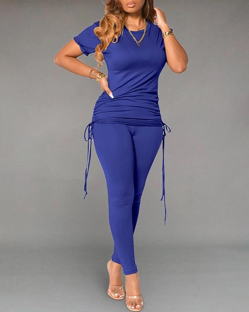 

Drawstring Short Sleeve Top & Pants Set, Blue
